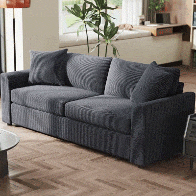 HOMCOM Sofá de 3 Lugares Sofá Sala de Estar 212x80x88 cm Estofado em Veludo Canelado com 2 Almofadas  Desenho Moderno Cinzento