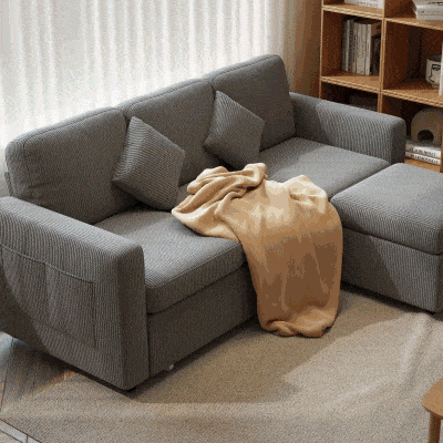 HOMCOM Divano 3 Posti con Pouf Contenitore Velluto a Coste Grigio
