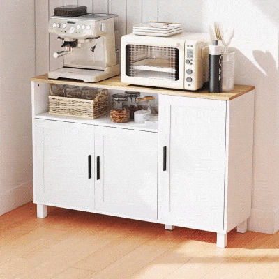HOMCOM Kommode Küche mit gedämpften Türen, 2 Schränke und offenem Fach aus Holz, 110x33x75 cm, Weiß