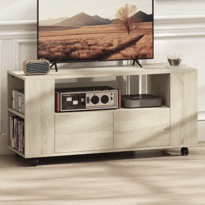 HOMCOM Mueble de TV con Ruedas para Televisión hasta 42 Pulgadas con 2 Cajones Estantes Ajustables Madera Natural
