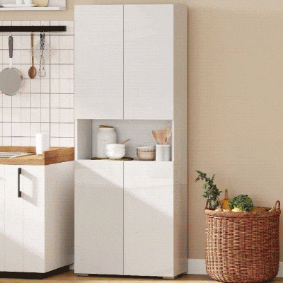 HOMCOM Küchenschrank mit 4 Türen Offenes Fach Verstellbare Einlegeböden 68x34x180 cm Hochglanzweiß