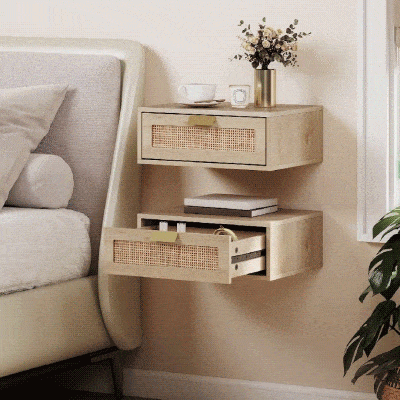 HOMCOM Conjunto de 2 Mesas de Cabeceira Flutuantes com Gaveta de Vime Poupa Espaço Design Moderno 40x30x15 cm Carvalho