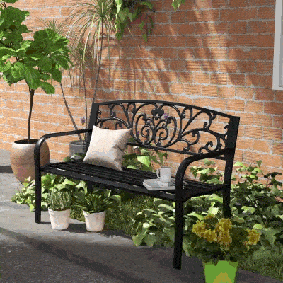 Outsunny 50" Metal Garden Bench, Floral Backrest, Black