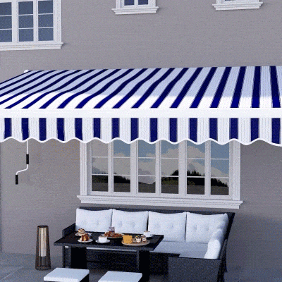 Outsunny Markise, Sonnenschutz, einfahrbar, mit Handkurbel, Metallrahmen, Polyester, blau+weiß, 3,95 x 2,45 x 3,50 m