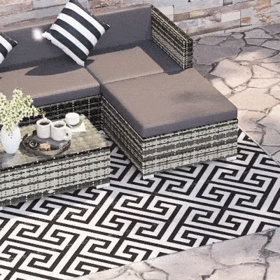 Outsunny Tapete de Exterior 182x274 cm Tapete Reversível com Desenho Geométrico Impermeável para Varanda Campismo Praia Branco e Preto