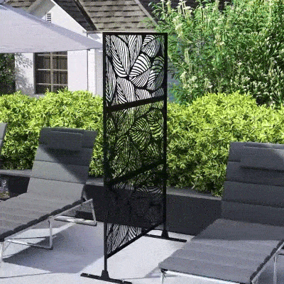 Outsunny Biombo de Exterior Separador de Ambientes com 3 Peças com Padrão de Flores Grande e Estrutura de Aço 122x45x198 cm Preto