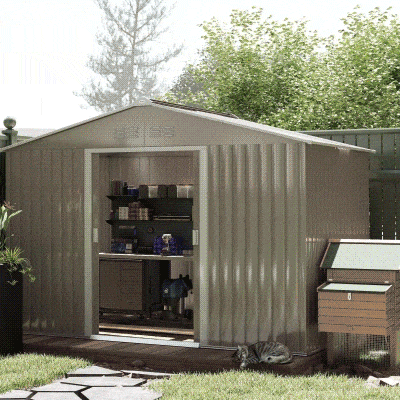 Outsunny Cobertizo de Jardín 4,9 m² 277x195x192 cm con 2 Puertas Correderas Techo de Fibra de Vidrio y 4 Ventanas Gris Claro