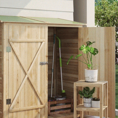 Szafka Ogrodowa Outsunny, Drewniany Schowek na Narzędzia Wodoodporny 140 x 75 x 157 cm, Dom Ogrodowy z Drzwiami, Dach Skośny, Stół Ogrodowy, Szafka na Narzędzia, Zamykane Drzwi, Szopa Ogrodowa dla Ogrodu, Tarasu, Naturalna