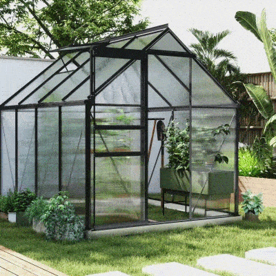 Outsunny Invernadero de jardín en policarbonato 4,8 m² con fundación, ventanilla ajustable, puerta corredera 1,9x2,53x1,99m transparente