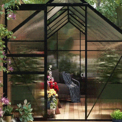 Outsunny Gewächshaus aus Aluminium-Polycarbonat mit Fundament, Gewächshaus mit verstellbarem Fenster und Schiebetür 190x375x199cm