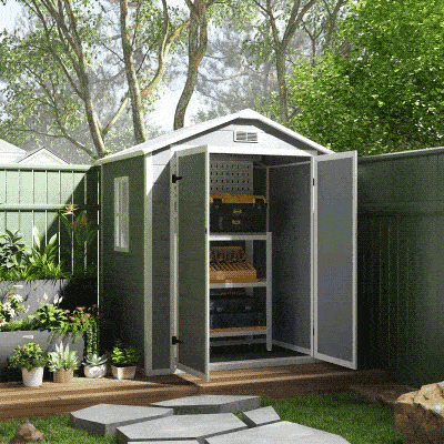 Outsunny Abri Jardin Résine 2,12m² Gris 2 Portes Fenêtre