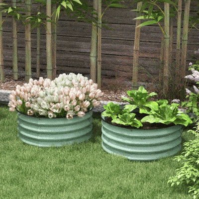 Outsunny 2-delige Set Verzinkte Plantenbakken, Ø60 x 30H cm Bloempotten met Open Bodem voor Verschillende Planten, Groen