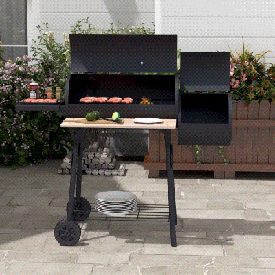 Outsunny Barbecue a Carvão 2 em 1 Defumador e Grelha Barbecue com Termómetro Rodas e Prateleiras 124x53x104cm Preto
