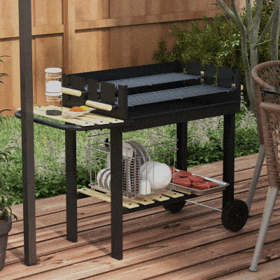 Outsunny Kohlegrill, Grillwagen, 2 Grillflächen, 2 Räder, Griffe, Ablagen, 113 x 53,5 x 82,5 cm, Schwarz