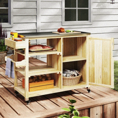 Outsunny Buitenkeuken Eiland, Grillwagen met Kast en Planken, Keukentrolley van Hout en Roestvrijstaal, Met Wielen, Natuurhout