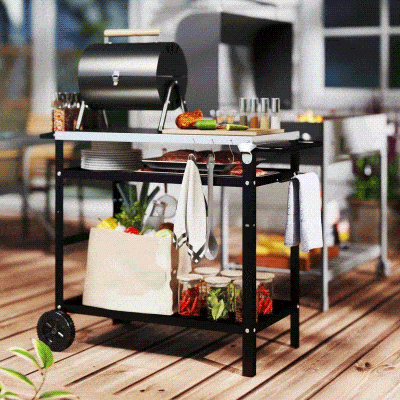 Outsunny Grillwagen 3-Etagen Servierwagen mit Arbeitsfläche Griffe Hülle Räder, BBQ Grilltisch Edelstahl 100x52x80cm Schwarz