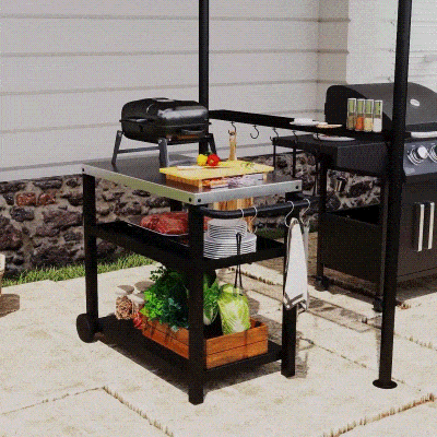 Outsunny Grillwagen 3-Etagen Servierwagen mit Arbeitsfläche Ablagen Haken Räder, Edelstahl 102x50x81cm Kohlegrau