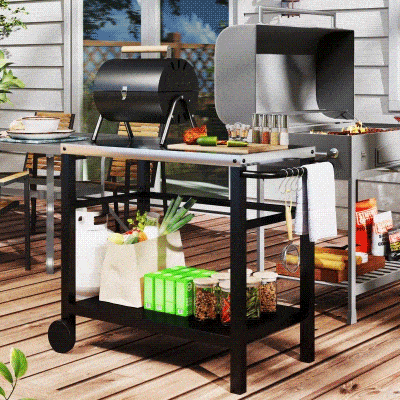 Outsunny Grillwagen 2-Etagen Servierwagen mit Arbeitsfläche Ablagen Haken Räder Edelstahl 102 x 56 x 81cm