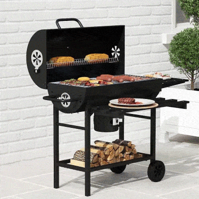 Outsunny Parrilla de carbón de acero BBQ Smoker con tapa asas termómetro ruedas móvil 114 x 65 x 95 cm