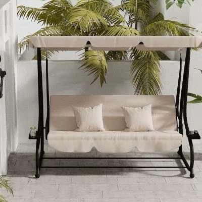 Outsunny Banco Baloiço de Jardim com 3 Lugares 2 em 1 com Toldo Ajustável Bandejas Laterais e Almofadas p 200x120x164 cm Bege