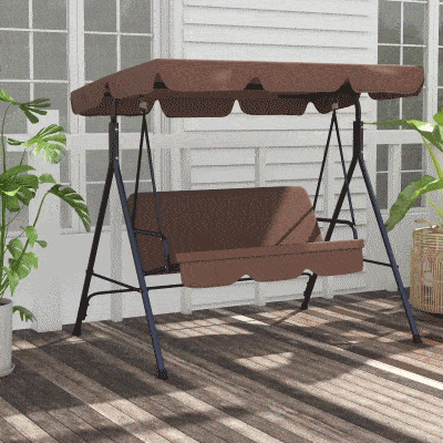 Outsunny 3 Seater Garden Swing Chair, Outdoor Swing Chair with Adjustable Canopy, Mental Frame & Cushions, Brown