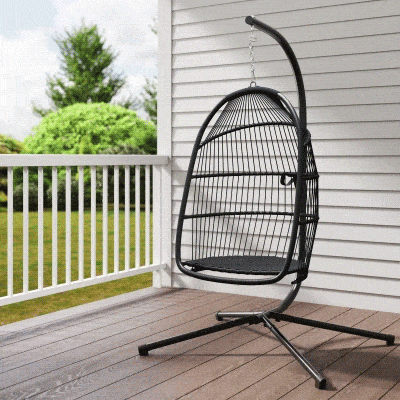 Outsunny Cadeira Suspensa Tipo Ovo com Estrutura, Cesta Dobrável Almofada e Apoio de Cabeça para Interior e Exterior Suporta 150 kg Cinzento