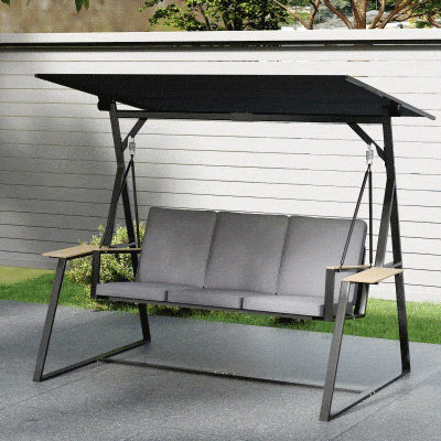 Outsunny Baloiço de Jardim de 3 Lugares com Teto Ajustável UPF50+ 2 Bandejas Almofadas e Estrutura em Metal 222x131x175 cm Cinza