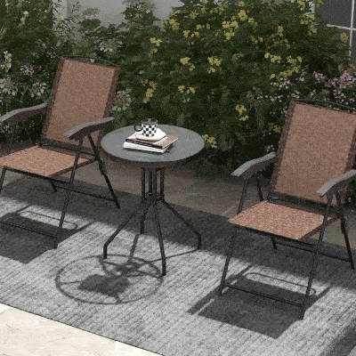 Outsunny Conjunto Mesa y 2 Sillas Muebles para Jardín Exterior Patio Terraza Silla Plegable Respaldo Reclinable a 4 Niveles Texteline Marco Acero Marrón