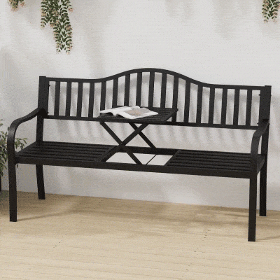 Outsunny 2-Sitzer Gartenbank robust Parkbank mit ausziehbarem Tisch Sitzbank Bank 240kg belastbar Terrassenbank mit Rücken- & Armlehnen Gartenmöbel für Terrasse, Garten 150 x 58,5 x 90 cm Schwarz
