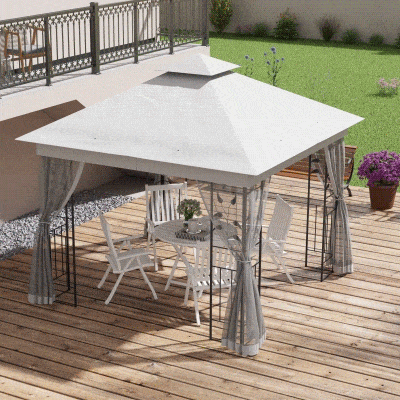 Outsunny Pavilhão com Telhado Duplo 3x3 m Repelente à Água Estável Resistente ao Inverno Pavilhão de Jardim com Rede Mosquiteira Cinza Claro