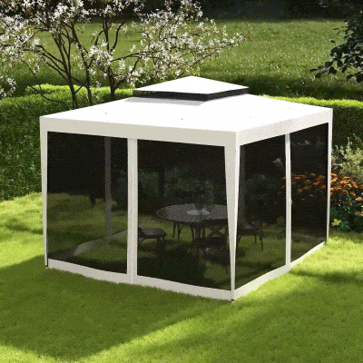 Outsunny Pérgola de Jardim com 4 Mosquiteiras Teto Duplo 8 Orifícios de Drenagem e Estrutura de Metal 297x297x268 cm Creme