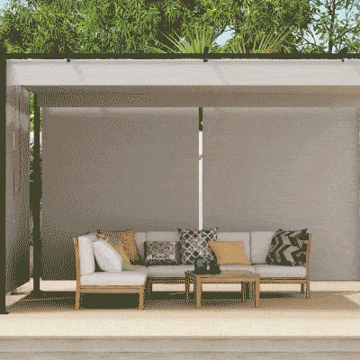 Outsunny Pérgola de Jardín Cenador para Exterior con Techo Retráctil y 4 Cortinas Enrollables 4x3 m Crema