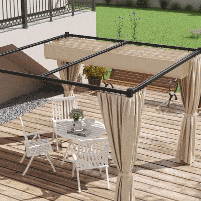 Outsunny Cenador para Exterior 3x3 m con Techo y Paredes Laterales Retráctil Marco Metálico Impermeable para Terraza Beige