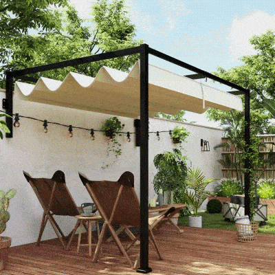 Outsunny Pergola Addossata 3x2 m in Acciaio e Poliestere Crema