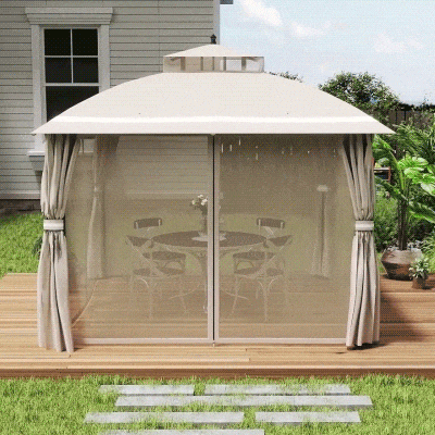 Outsunny Gazebo da Giardino 3.7x3 m con Zanzariera e Tende Beige
