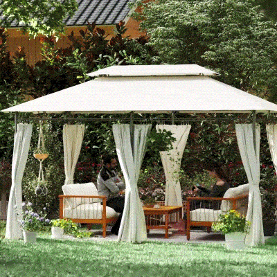Outsunny Pawilon Ogrodowy z Dwuwarstwowym Dachem, 6 Zasłonami, Wodoodporny, Do Ogrodu i Na Taras, 4x3 m, Kremowobiały
