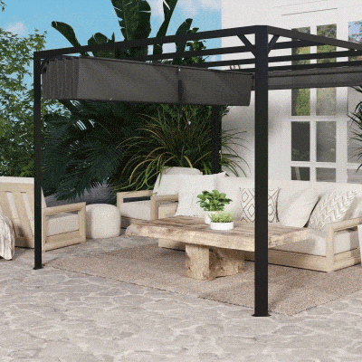 Outsunny Gazebo Pergola Retrattile con Tenda a Rullo Grigio Scuro