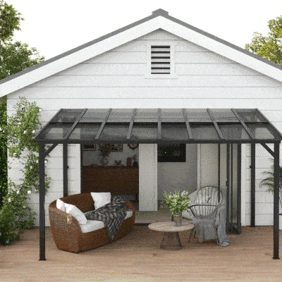 Outsunny Wiata Tarasowa ok. 3 x 4,3 m, Wolnostojący Dach Tarasowy ze Skośnym Poliwęglanowym Dachem, Montaż Przyścienny, Ciemnoszary