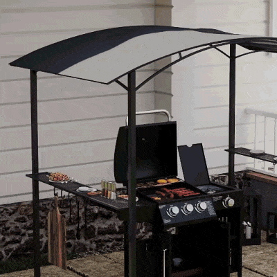 Outsunny Pawilon Grillowy 2,4 x 1,5 m Ognioodporny Ogrodowy Pawilon z Łukowym Dachem Boczne Półki Haczyki Ciemnoszary