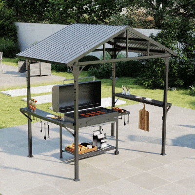Outsunny Pawilon grillowy 2,52 x 1,56 m, wodoodporny grillowy pawilon z dwuspadowym dachem, boczną półką, hakami, stalową ramą, czarny