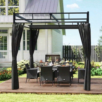 Outsunny Pérgola de Jardín 3x3 m con Techo Retráctil y Cortinas Protección UV30+ Estructura Metálica para Patio Terraza Gris