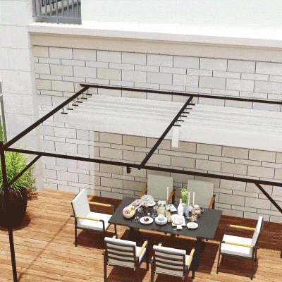 Outsunny Pérgola de Pared de Jardín 4x3 m con Techo Retráctil Protección UPF30+ Drenaje Cenador de Jardín para Exterior Crema