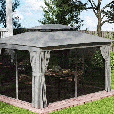 Outsunny Pawilon 3,8x3m Wodoodporny Stabilny Zimowy Pawilon Ogrodowy z Podwójnym Dachem, Zasłony, Siatka na Komary, Haki, Ciemnoszary