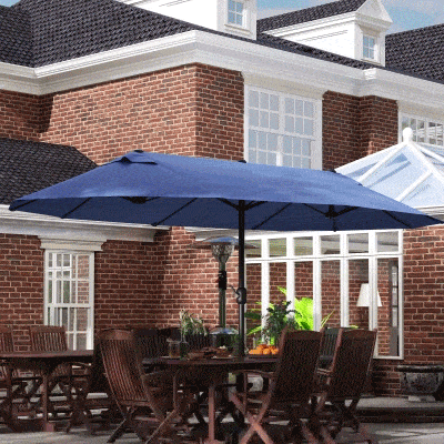 Outsunny Doppelsonnenschirm 455 x 270 cm Gartenschirm mit Handkurbel oval stabil Metallstange Marktschirm Doppelsonnenschirm Terrassenschirm Sonnenschutz für Strand Balkon Terrasse Garten Blau