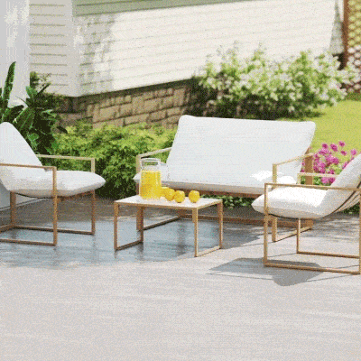 Outsunny Salón de jardín exterior 4 piezas con cojines ultra-gruesos 15 cm sofá 2 plazas con mesa baja y 2 sillones kaki
