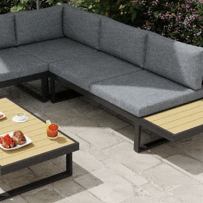 Outsunny Design Ecksofa-Set 5 Plätze Kissen Couchtisch Aluminium Anthrazitgrau Holzoptik