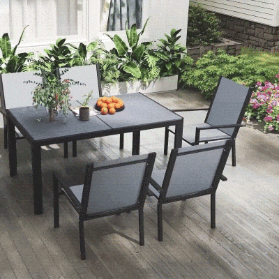 Outsunny Set de Mobilier de Grădină cu 7 Piese, Masă și 6 Scaune Stivuibile, Mobilier din Oțel Textilen, Gri Deschis