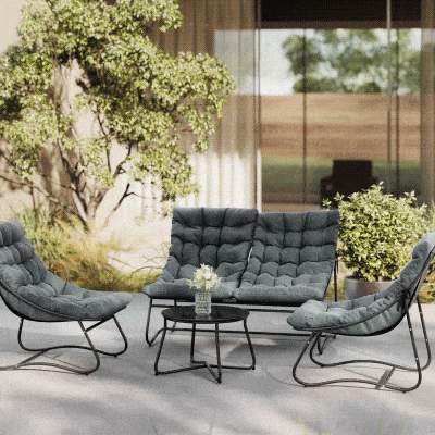 Outsunny Conjunto de Jardim 4 peças com Almofadas Espessas 8 cm Conjunto de Mobiliário Exterior em Aço e Textilene Respirável Cinza