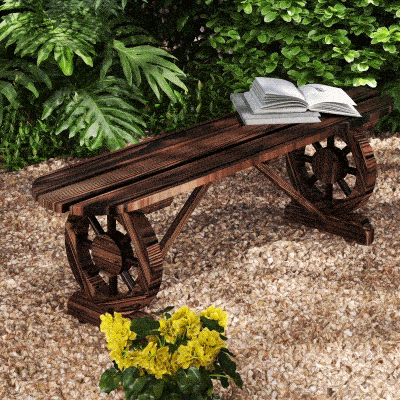 Outsunny Gartenbank mit Karrenrad-Beinen und Lattenstruktur, 120x29x39cm, Braun