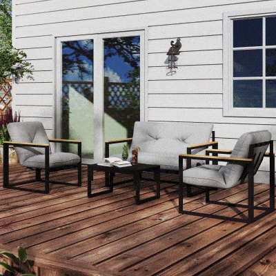 Outsunny Gartenmöbel Set 4 Personen wetterfest Balkonmöbel-Set mit 2er Sofa, Sessel Sitzkissen Hellgrau